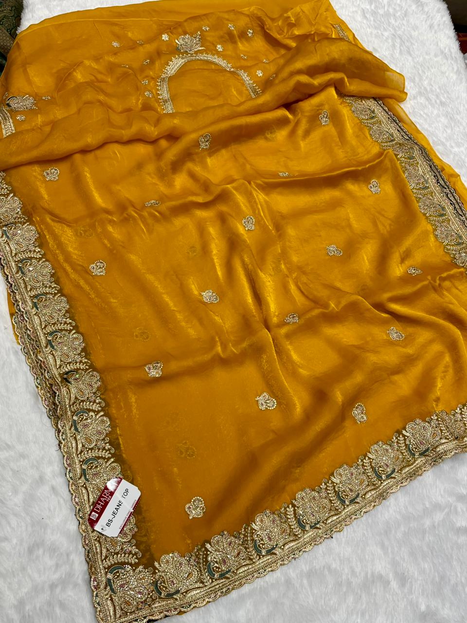 BS-JEANS TOP SATIN SAREE WITH BEAUTIFUL HEAVY EMBROIDERY ZARDOSI WORK WITH THREAD AND JARKAN WORK WITH HEAVY BLOUSE