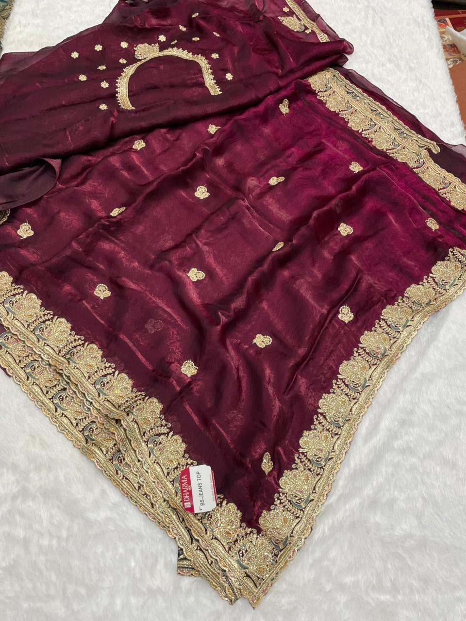BS-JEANS TOP SATIN SAREE WITH BEAUTIFUL HEAVY EMBROIDERY ZARDOSI WORK WITH THREAD AND JARKAN WORK WITH HEAVY BLOUSE