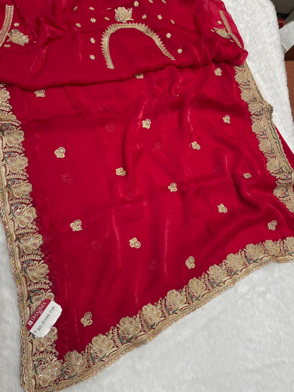 BS-JEANS TOP SATIN SAREE WITH BEAUTIFUL HEAVY EMBROIDERY ZARDOSI WORK WITH THREAD AND JARKAN WORK WITH HEAVY BLOUSE