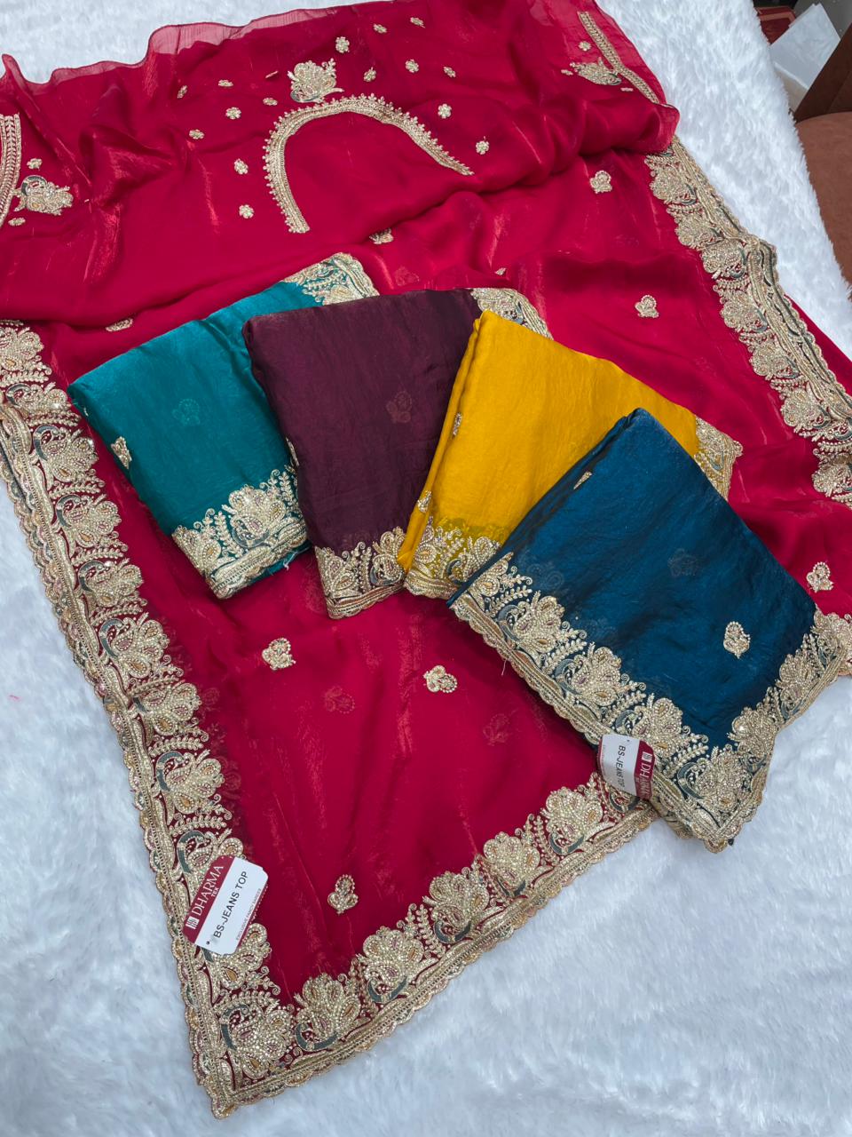 BS-JEANS TOP SATIN SAREE WITH BEAUTIFUL HEAVY EMBROIDERY ZARDOSI WORK WITH THREAD AND JARKAN WORK WITH HEAVY BLOUSE