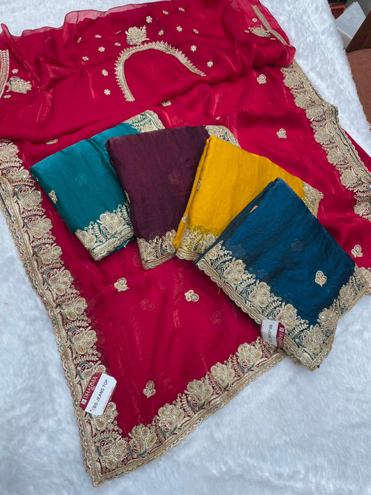 BS-JEANS TOP SATIN SAREE WITH BEAUTIFUL HEAVY EMBROIDERY ZARDOSI WORK WITH THREAD AND JARKAN WORK WITH HEAVY BLOUSE