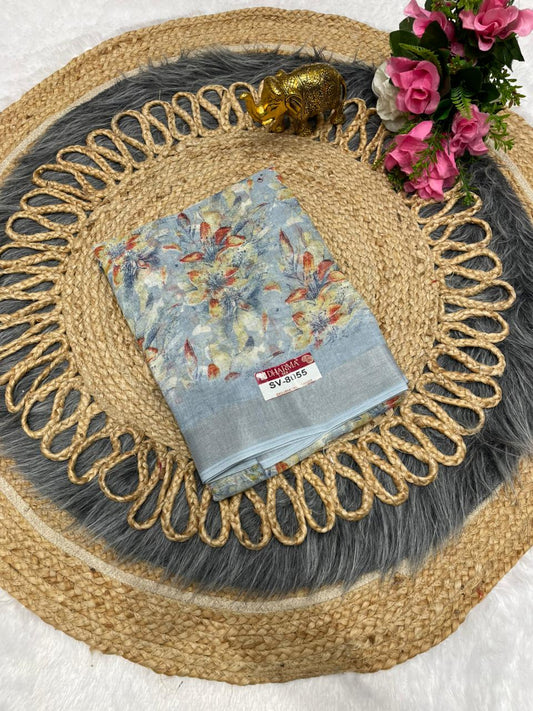 SV-8055 PREMIUM LINEN COTTON SAREE WITH RICH PALLU WITH BEAUTIFUL VIRAL PRINT SAREE WITH PALLU AND BLOUSE
