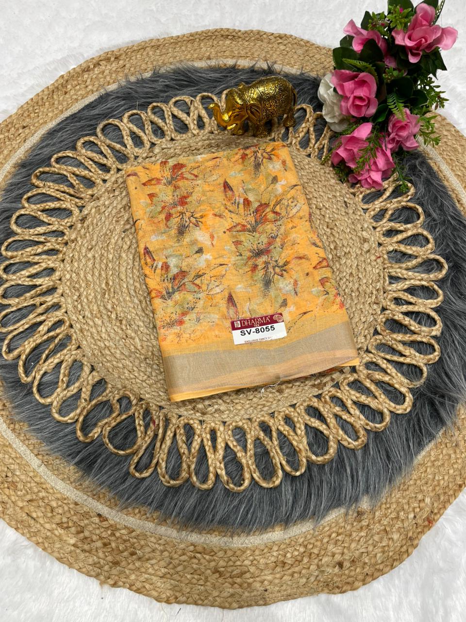 SV-8055 PREMIUM LINEN COTTON SAREE WITH RICH PALLU WITH BEAUTIFUL VIRAL PRINT SAREE WITH PALLU AND BLOUSE