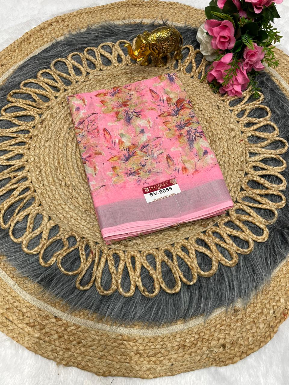 SV-8055 PREMIUM LINEN COTTON SAREE WITH RICH PALLU WITH BEAUTIFUL VIRAL PRINT SAREE WITH PALLU AND BLOUSE