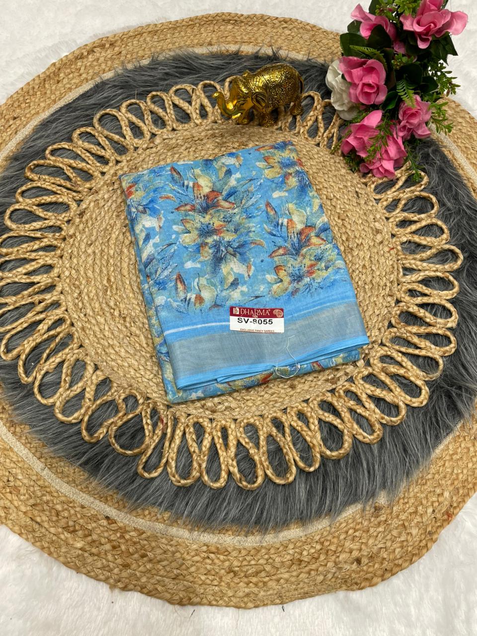 SV-8055 PREMIUM LINEN COTTON SAREE WITH RICH PALLU WITH BEAUTIFUL VIRAL PRINT SAREE WITH PALLU AND BLOUSE