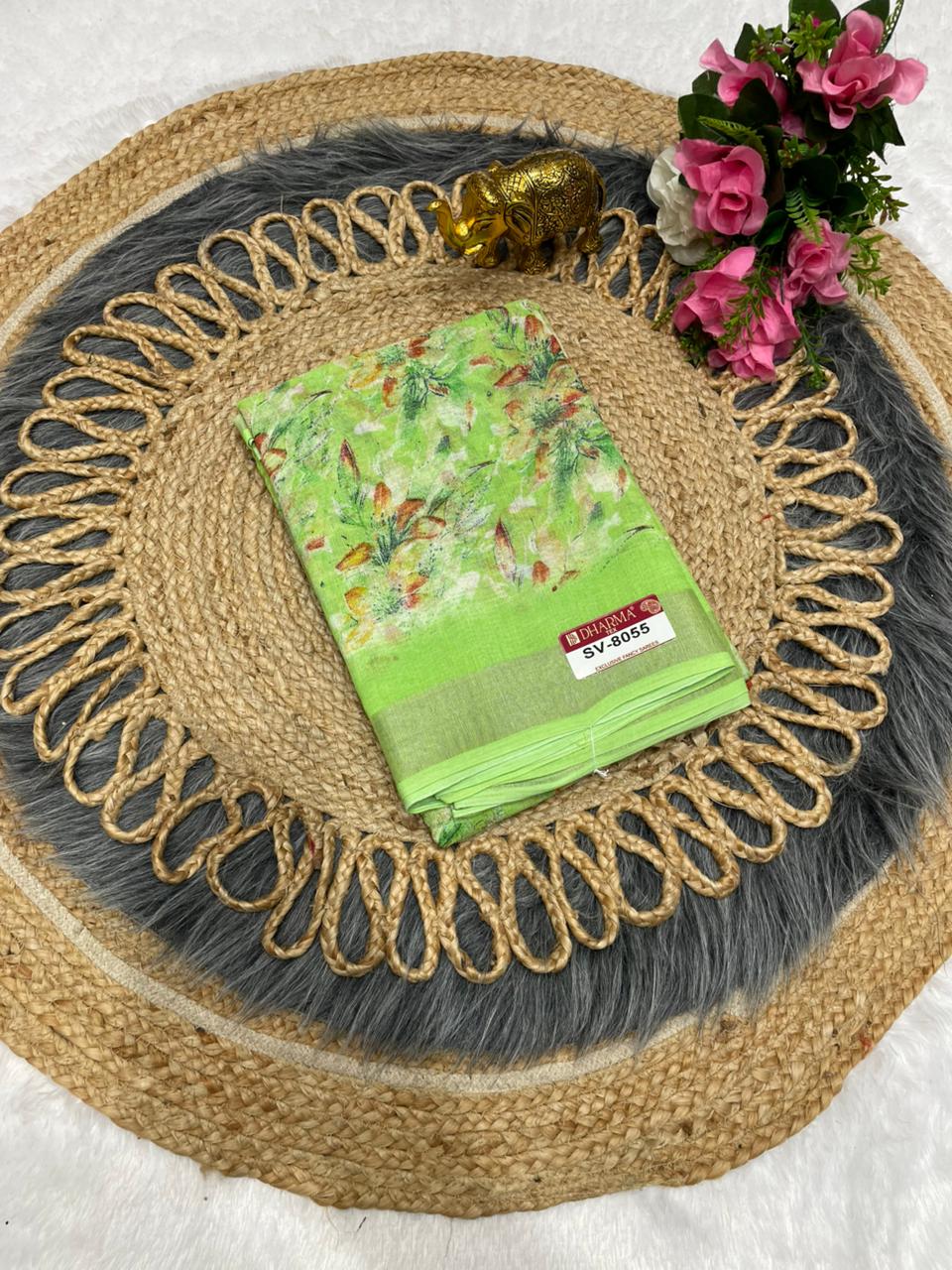 SV-8055 PREMIUM LINEN COTTON SAREE WITH RICH PALLU WITH BEAUTIFUL VIRAL PRINT SAREE WITH PALLU AND BLOUSE