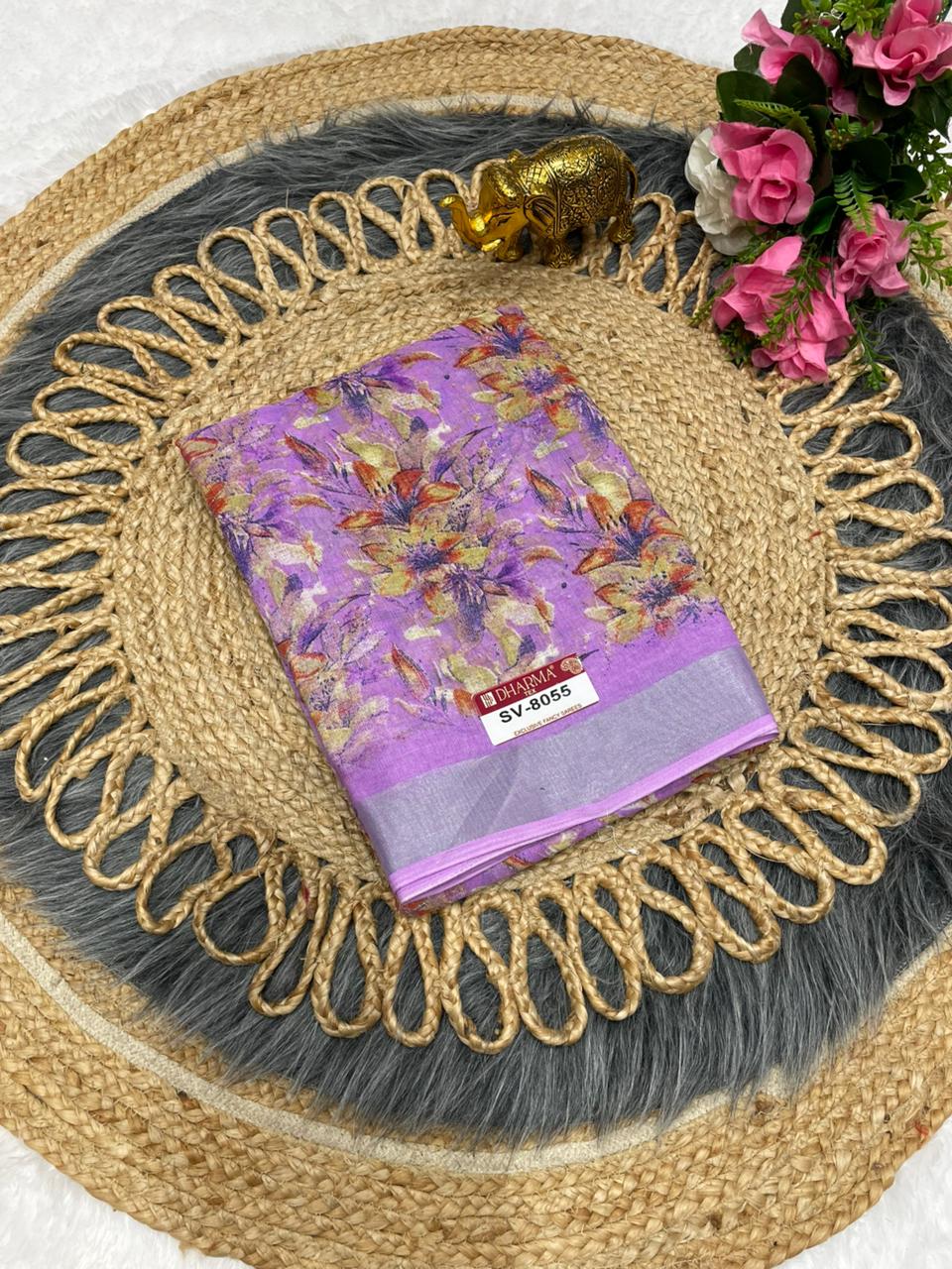 SV-8055 PREMIUM LINEN COTTON SAREE WITH RICH PALLU WITH BEAUTIFUL VIRAL PRINT SAREE WITH PALLU AND BLOUSE