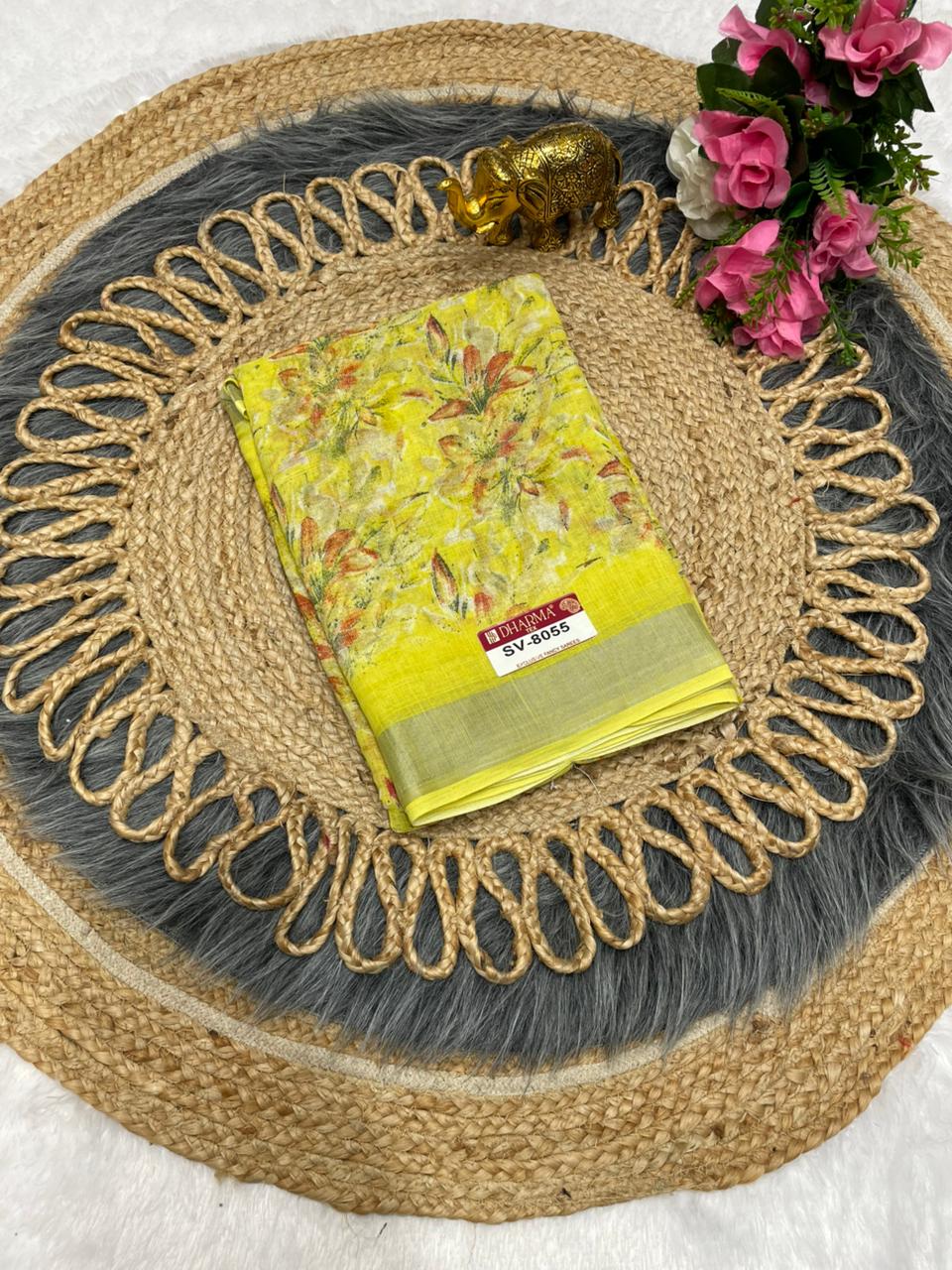 SV-8055 PREMIUM LINEN COTTON SAREE WITH RICH PALLU WITH BEAUTIFUL VIRAL PRINT SAREE WITH PALLU AND BLOUSE