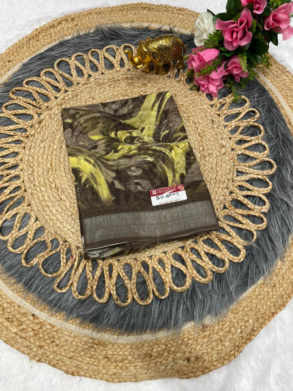 SV-8052 PREMIUM LINEN COTTON SAREE WITH RICH PALLU WITH BEAUTIFUL VIRAL PRINT SAREE WITH PALLU AND BLOUSE