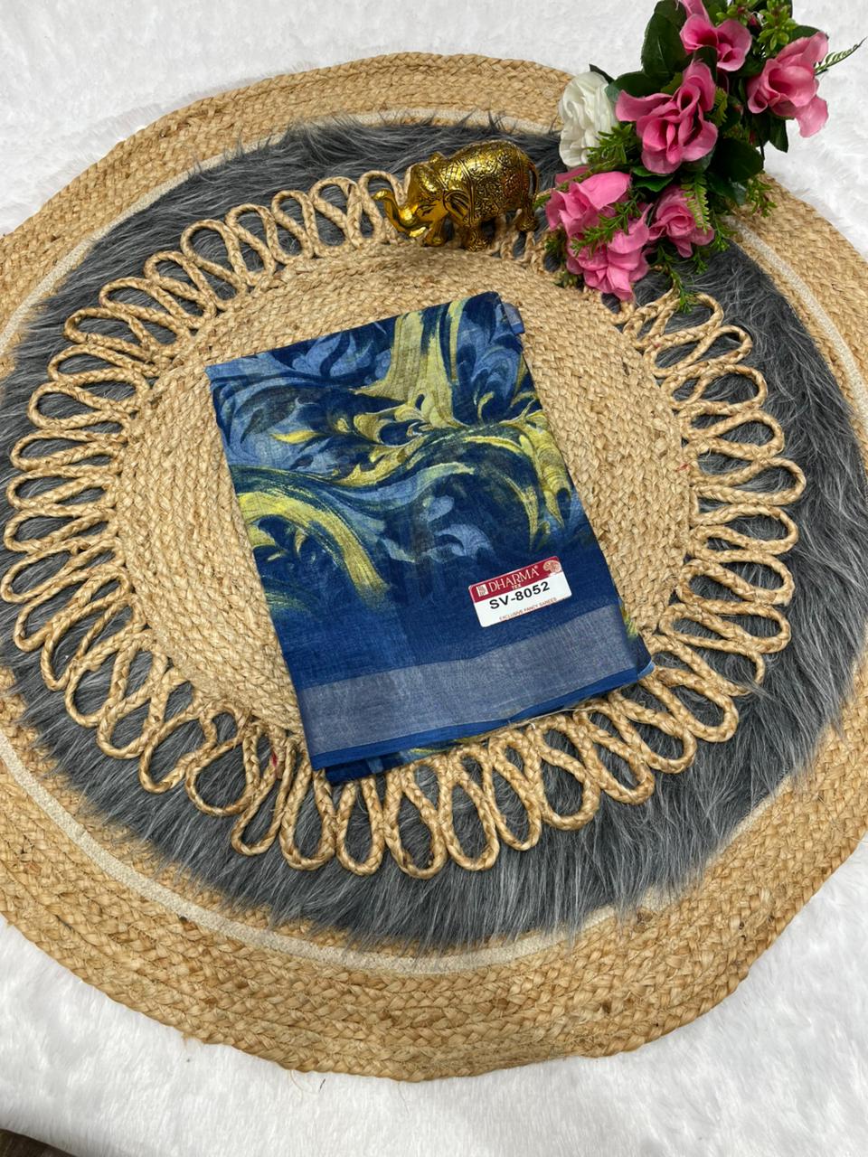 SV-8052 PREMIUM LINEN COTTON SAREE WITH RICH PALLU WITH BEAUTIFUL VIRAL PRINT SAREE WITH PALLU AND BLOUSE