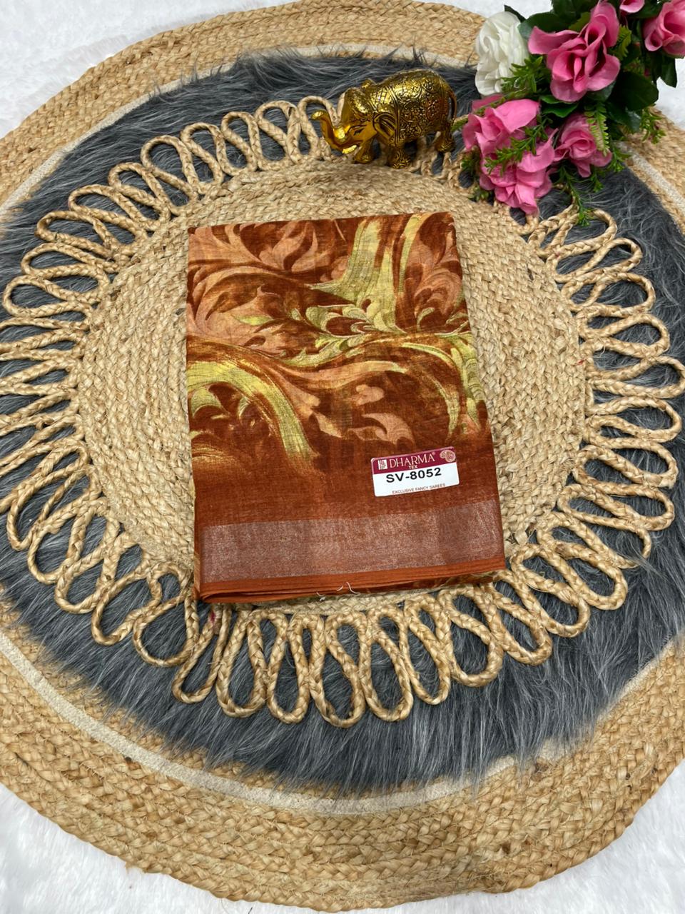 SV-8052 PREMIUM LINEN COTTON SAREE WITH RICH PALLU WITH BEAUTIFUL VIRAL PRINT SAREE WITH PALLU AND BLOUSE