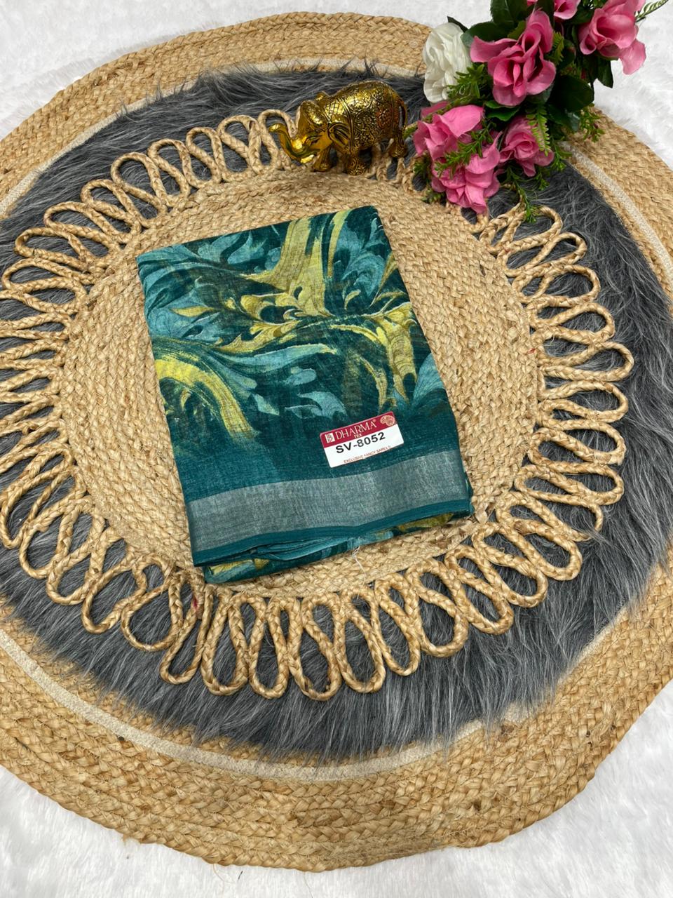 SV-8052 PREMIUM LINEN COTTON SAREE WITH RICH PALLU WITH BEAUTIFUL VIRAL PRINT SAREE WITH PALLU AND BLOUSE