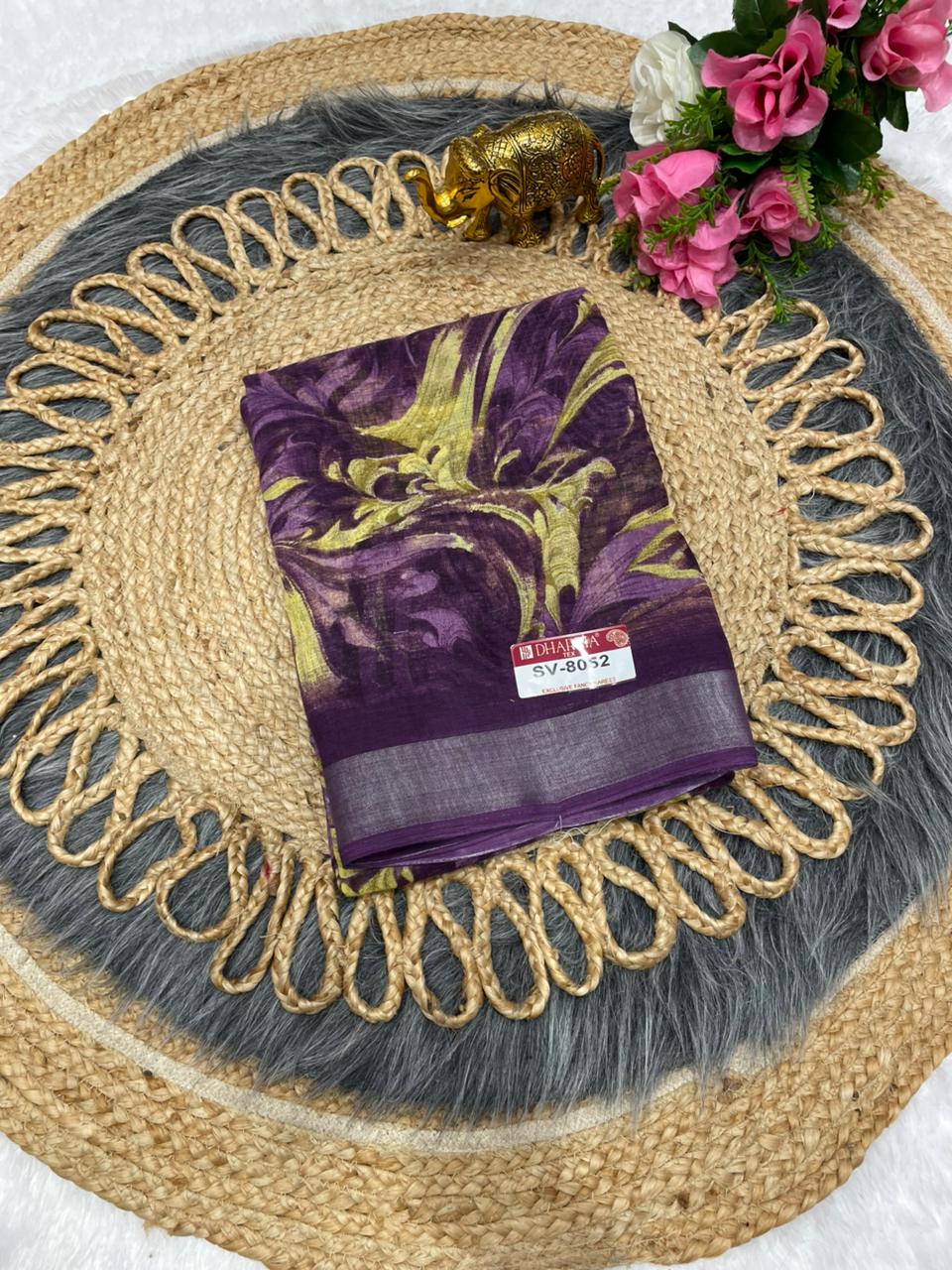 SV-8052 PREMIUM LINEN COTTON SAREE WITH RICH PALLU WITH BEAUTIFUL VIRAL PRINT SAREE WITH PALLU AND BLOUSE