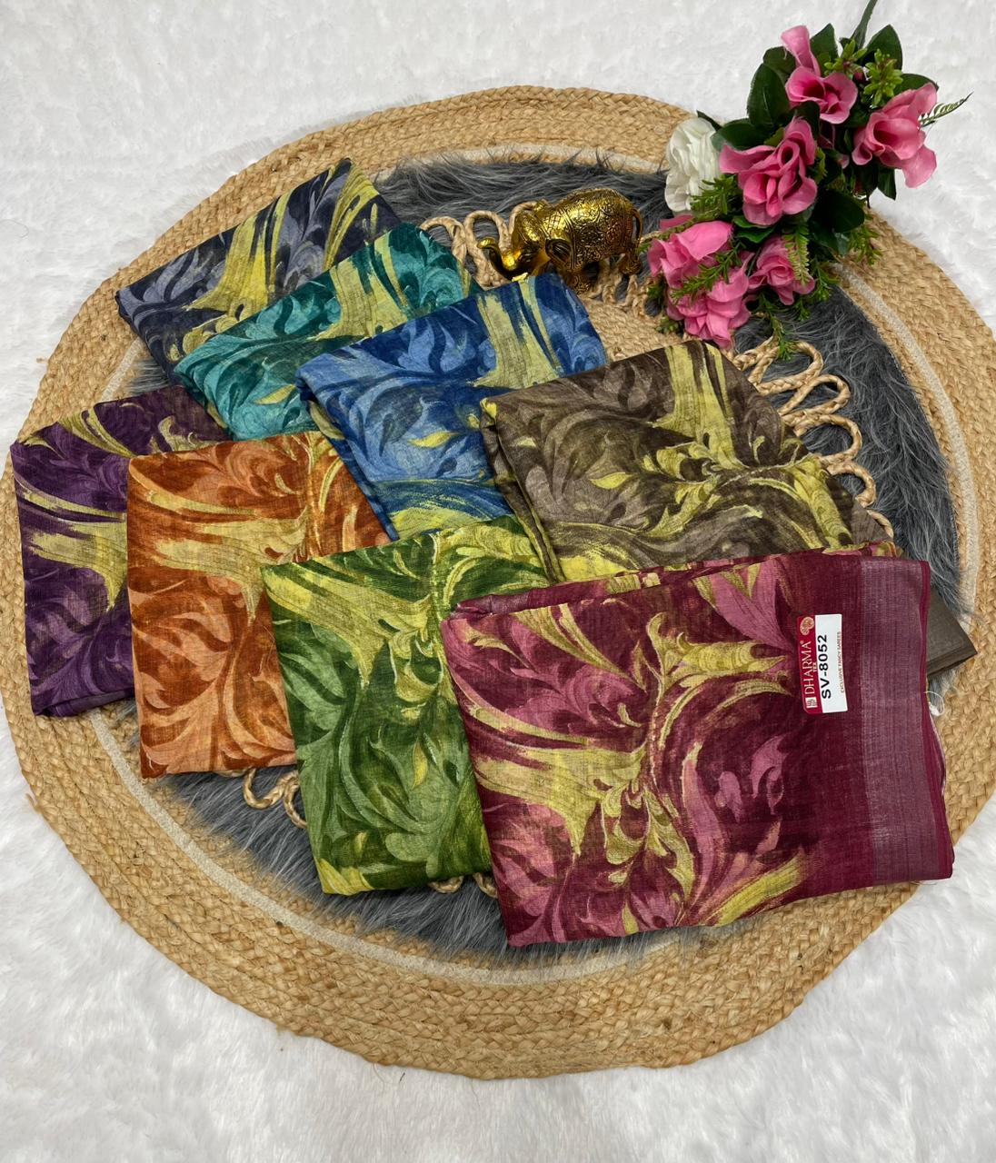 SV-8052 PREMIUM LINEN COTTON SAREE WITH RICH PALLU WITH BEAUTIFUL VIRAL PRINT SAREE WITH PALLU AND BLOUSE
