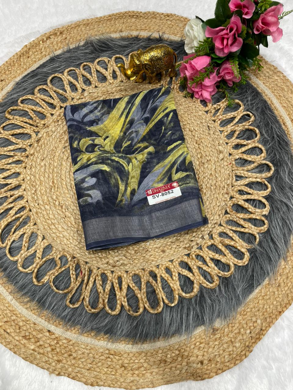 SV-8052 PREMIUM LINEN COTTON SAREE WITH RICH PALLU WITH BEAUTIFUL VIRAL PRINT SAREE WITH PALLU AND BLOUSE
