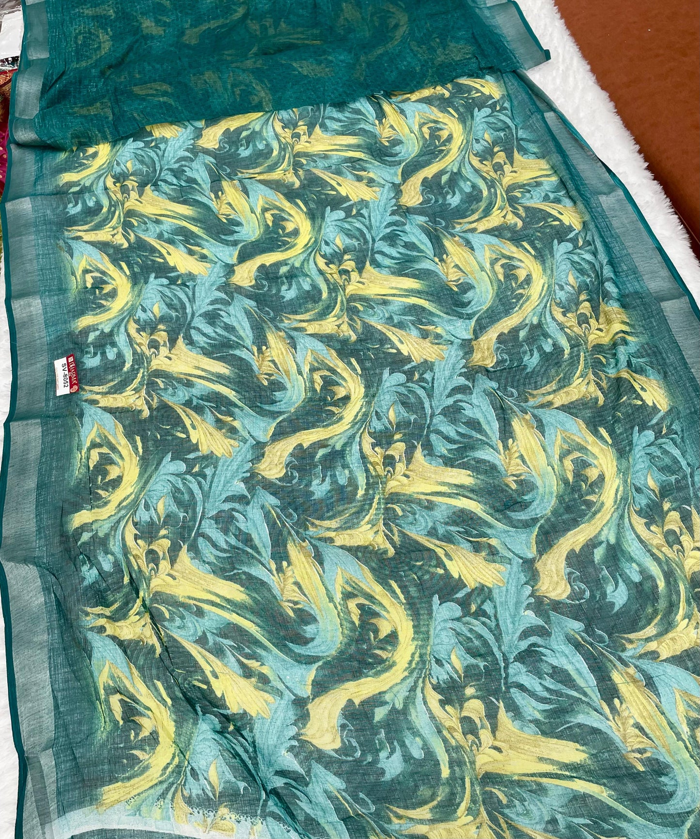 SV-8052 PREMIUM LINEN COTTON SAREE WITH RICH PALLU WITH BEAUTIFUL VIRAL PRINT SAREE WITH PALLU AND BLOUSE