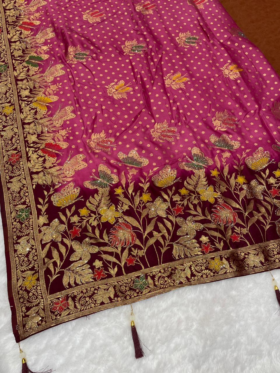 BS-PANGHAT EUROPEAN DOLA SILK WITH BEAUTIFUL BUTTERFLY DESIGN WITH BEAUTIFUL JARKAN WORK AND CONTRAST PALLU AND BORDER