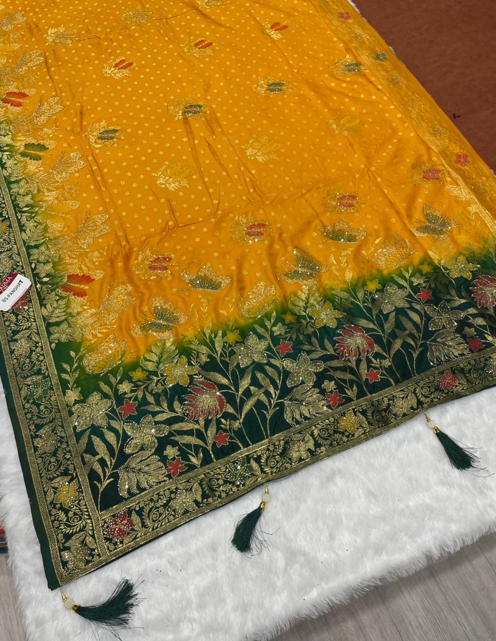 BS-PANGHAT EUROPEAN DOLA SILK WITH BEAUTIFUL BUTTERFLY DESIGN WITH BEAUTIFUL JARKAN WORK AND CONTRAST PALLU AND BORDER