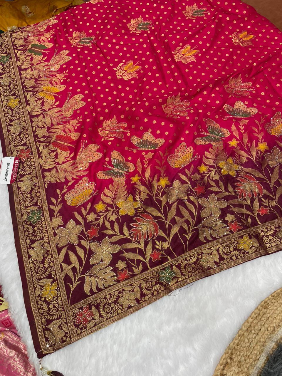 BS-PANGHAT EUROPEAN DOLA SILK WITH BEAUTIFUL BUTTERFLY DESIGN WITH BEAUTIFUL JARKAN WORK AND CONTRAST PALLU AND BORDER