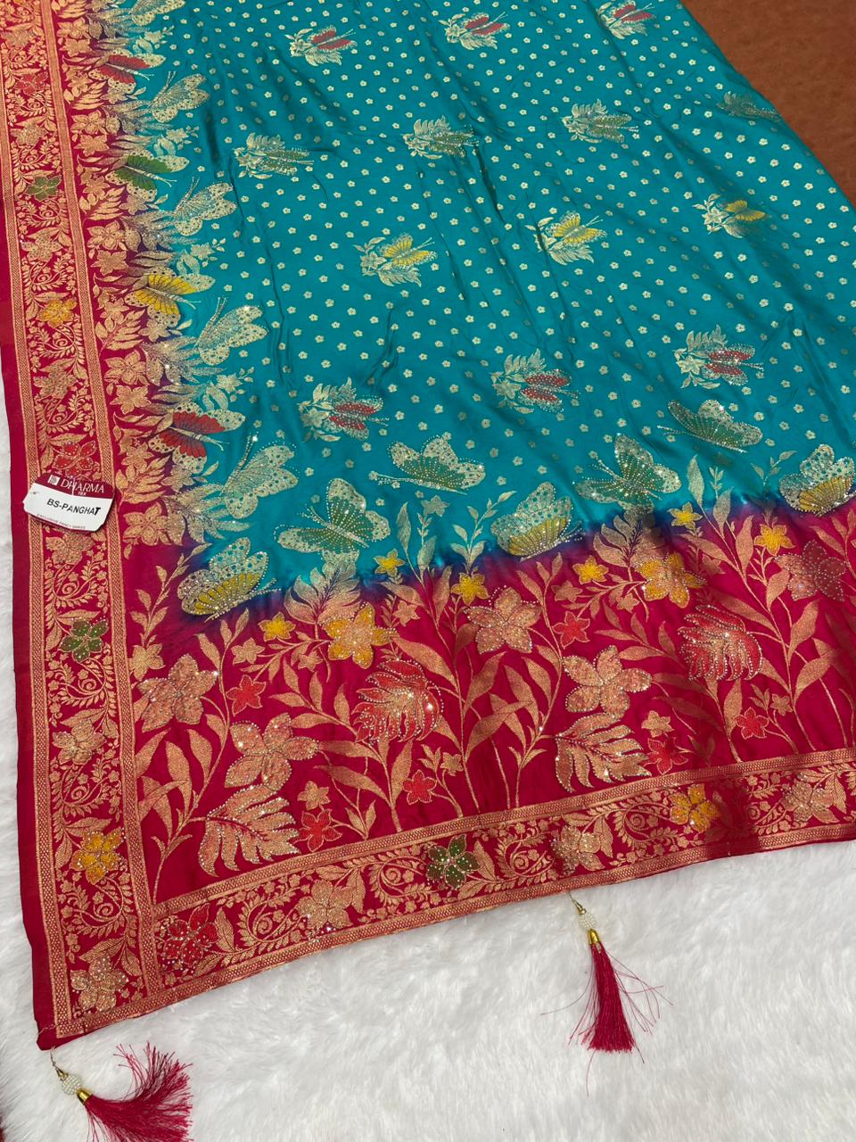 BS-PANGHAT EUROPEAN DOLA SILK WITH BEAUTIFUL BUTTERFLY DESIGN WITH BEAUTIFUL JARKAN WORK AND CONTRAST PALLU AND BORDER