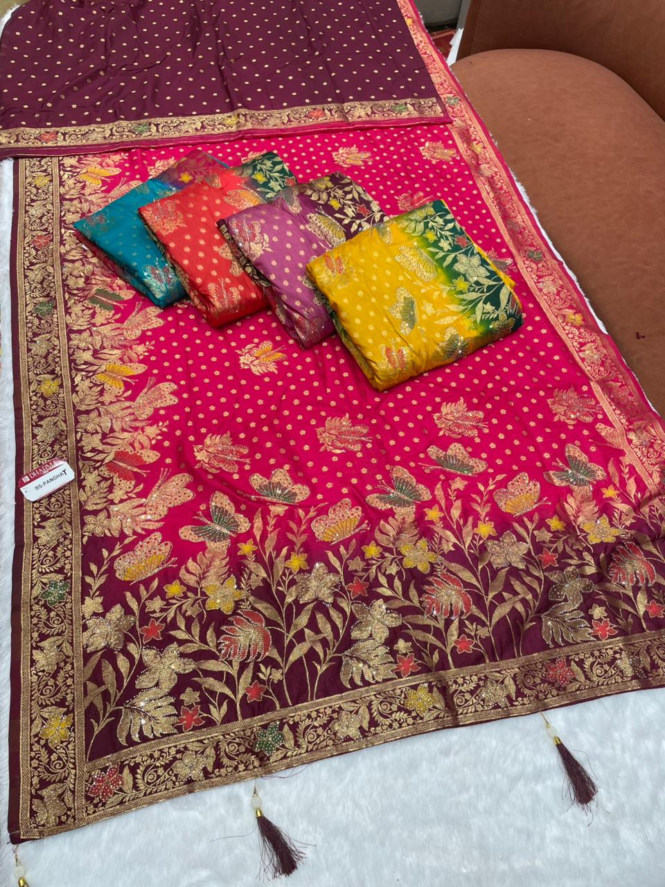 BS-PANGHAT EUROPEAN DOLA SILK WITH BEAUTIFUL BUTTERFLY DESIGN WITH BEAUTIFUL JARKAN WORK AND CONTRAST PALLU AND BORDER