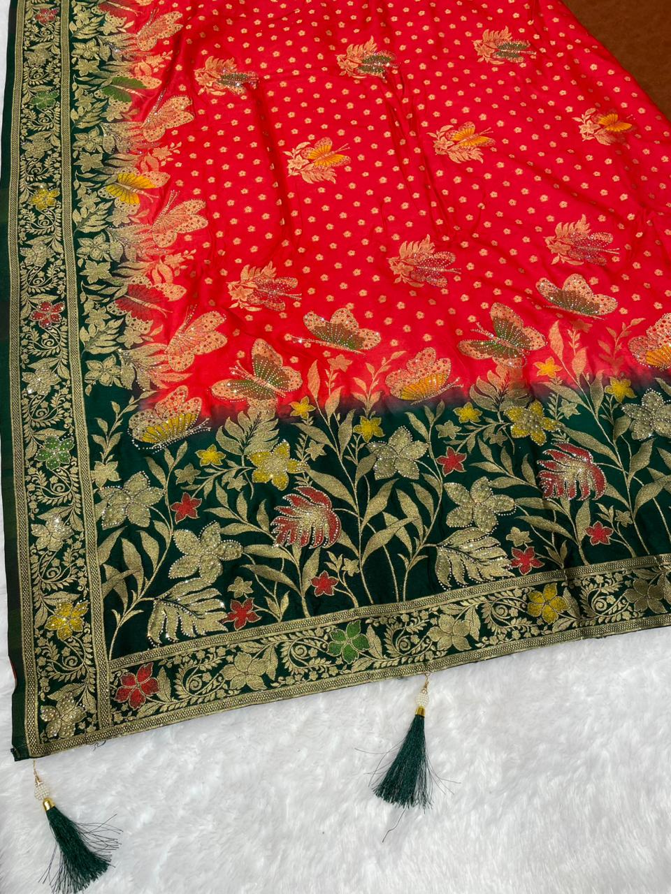 BS-PANGHAT EUROPEAN DOLA SILK WITH BEAUTIFUL BUTTERFLY DESIGN WITH BEAUTIFUL JARKAN WORK AND CONTRAST PALLU AND BORDER