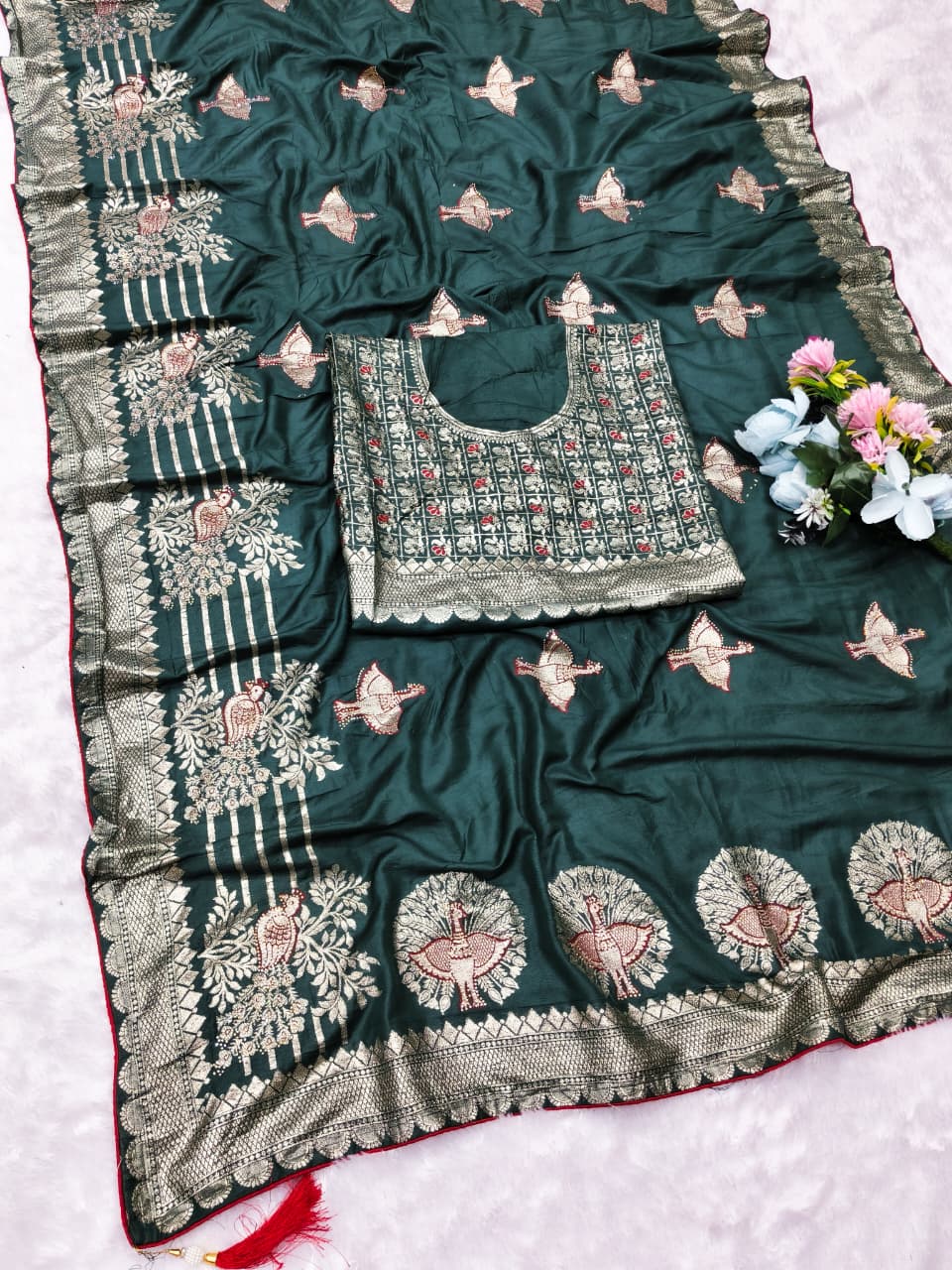 AJ-PARASMATI SOFT DOLA SILK SAREE WITH VIRAL PEACOCK DESIGN WITH OPEN PALLU AND BEAUTIFUL DAMAN DESIGN WITH DMC SIROSKI WORK WITH FIRMA BLOUSE