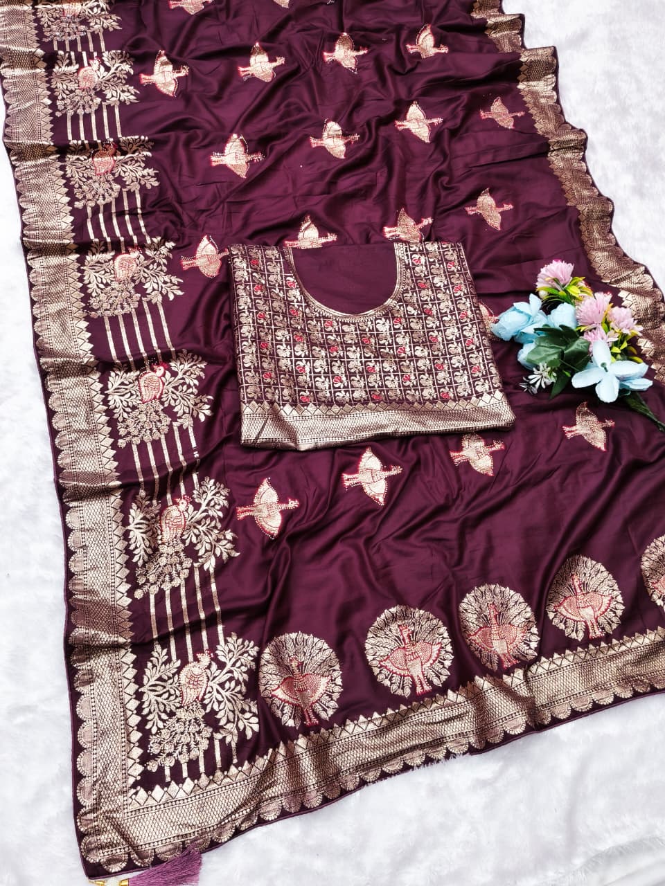 AJ-PARASMATI SOFT DOLA SILK SAREE WITH VIRAL PEACOCK DESIGN WITH OPEN PALLU AND BEAUTIFUL DAMAN DESIGN WITH DMC SIROSKI WORK WITH FIRMA BLOUSE