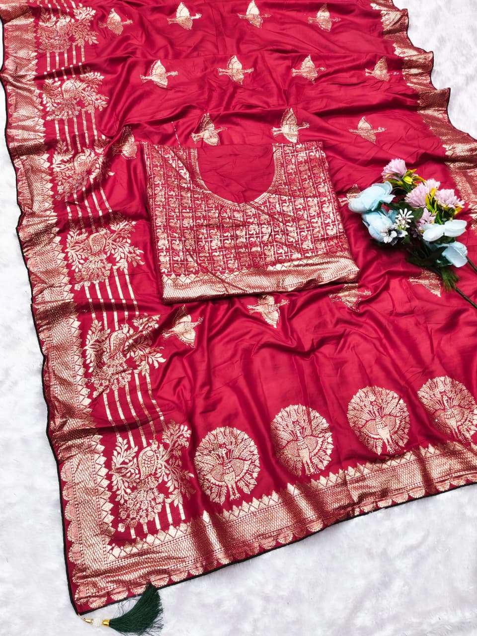 AJ-PARASMATI SOFT DOLA SILK SAREE WITH VIRAL PEACOCK DESIGN WITH OPEN PALLU AND BEAUTIFUL DAMAN DESIGN WITH DMC SIROSKI WORK WITH FIRMA BLOUSE