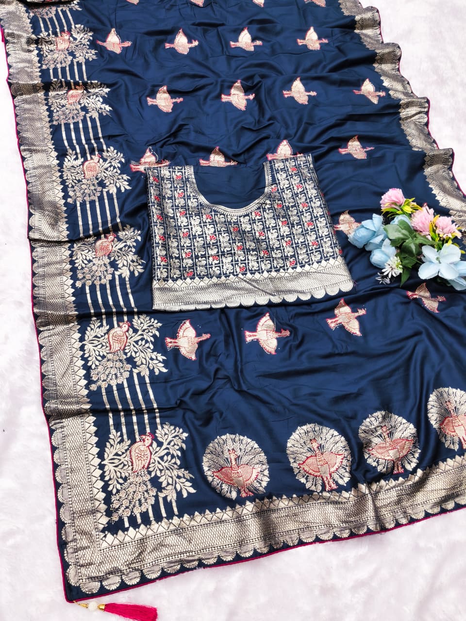 AJ-PARASMATI SOFT DOLA SILK SAREE WITH VIRAL PEACOCK DESIGN WITH OPEN PALLU AND BEAUTIFUL DAMAN DESIGN WITH DMC SIROSKI WORK WITH FIRMA BLOUSE
