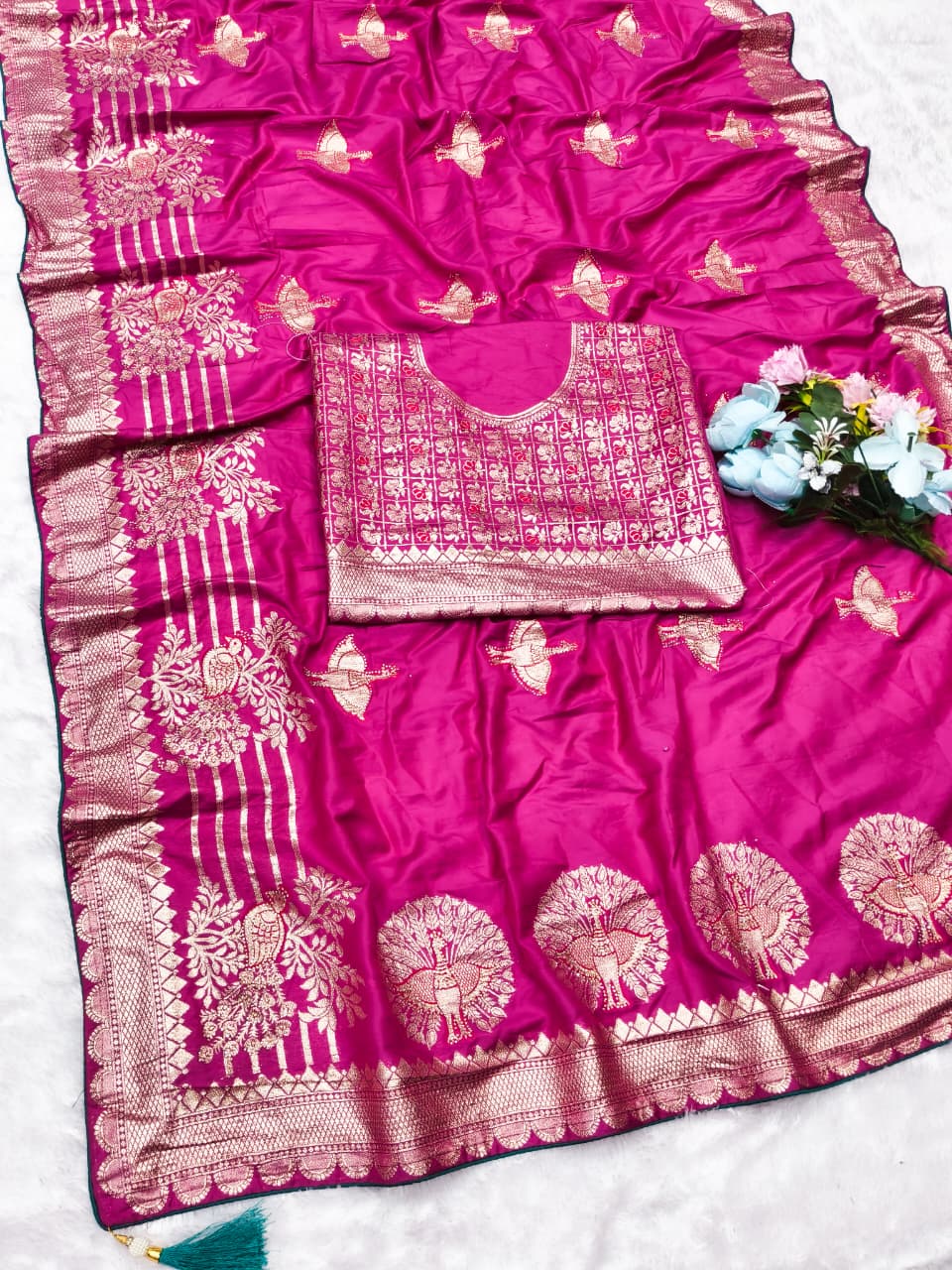 AJ-PARASMATI SOFT DOLA SILK SAREE WITH VIRAL PEACOCK DESIGN WITH OPEN PALLU AND BEAUTIFUL DAMAN DESIGN WITH DMC SIROSKI WORK WITH FIRMA BLOUSE