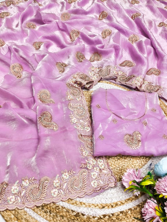 DF-SEEMA FENDI SATIN FABRIC SAREE WITH BEAUTIFUL PESTAL SUMMER SPECIAL MATCHING WITH EMBROIDERY WORK WITH THREAD WORK AND JARKAN WORK WITH HEAVY BLOUSE