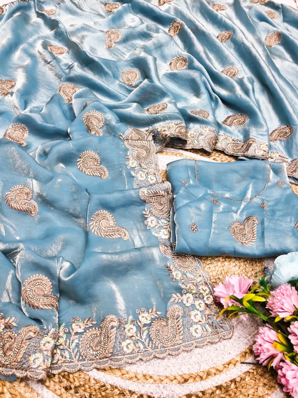 DF-SEEMA FENDI SATIN FABRIC SAREE WITH BEAUTIFUL PESTAL SUMMER SPECIAL MATCHING WITH EMBROIDERY WORK WITH THREAD WORK AND JARKAN WORK WITH HEAVY BLOUSE