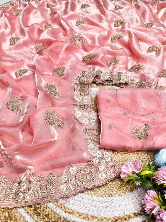 DF-SEEMA FENDI SATIN FABRIC SAREE WITH BEAUTIFUL PESTAL SUMMER SPECIAL MATCHING WITH EMBROIDERY WORK WITH THREAD WORK AND JARKAN WORK WITH HEAVY BLOUSE