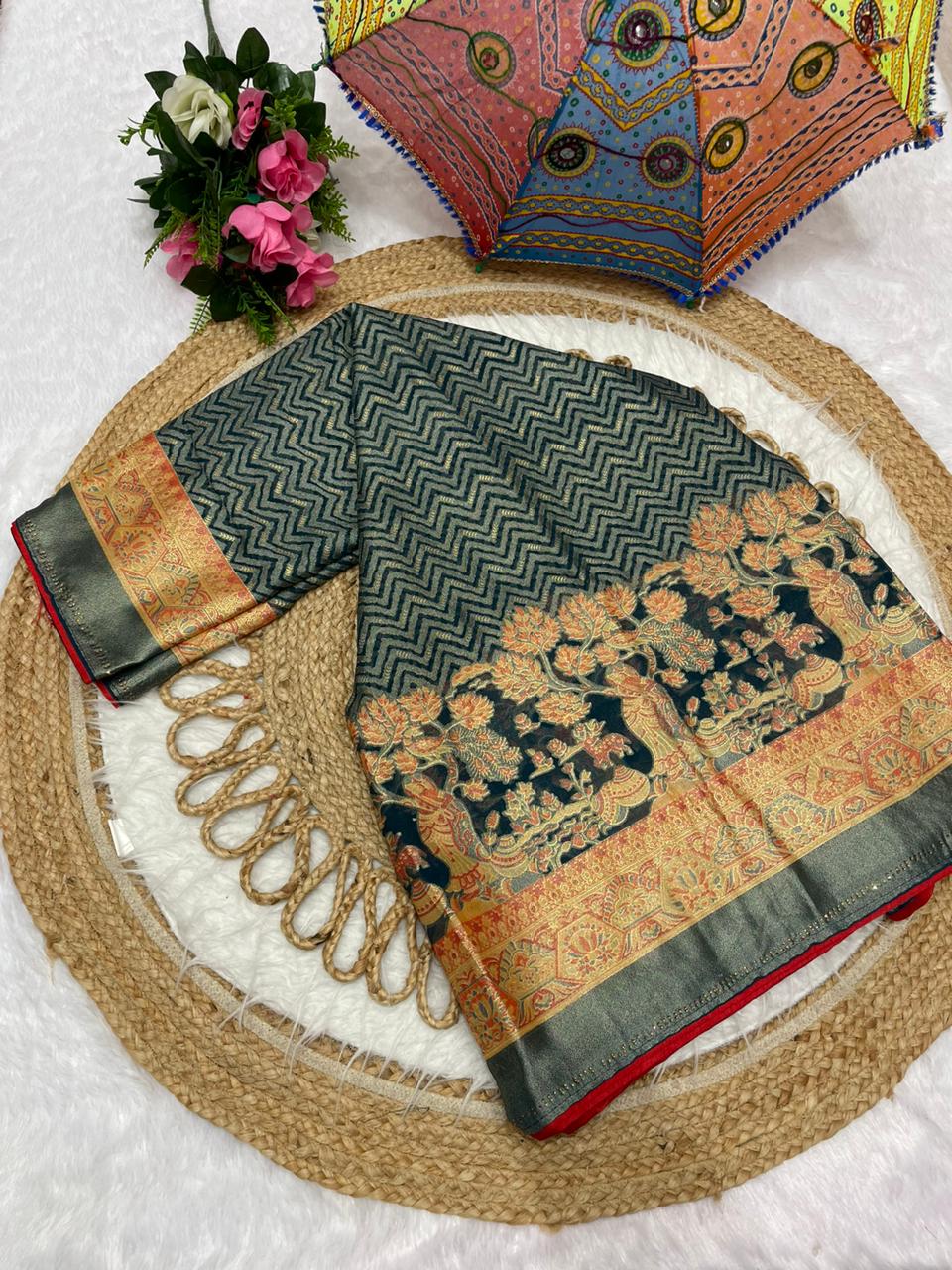 PRINT-3156 BRASSO SAREE AND WHITE  WITH BEAUTIFUL FLOWER PURE BRASSO TASTE WITH FOIL PRINT WITH DMC SIROSKI ON BORER WITH CONTRAST PIPING LATKAN AND SUPER TRENDING FIRMA BLOUSE