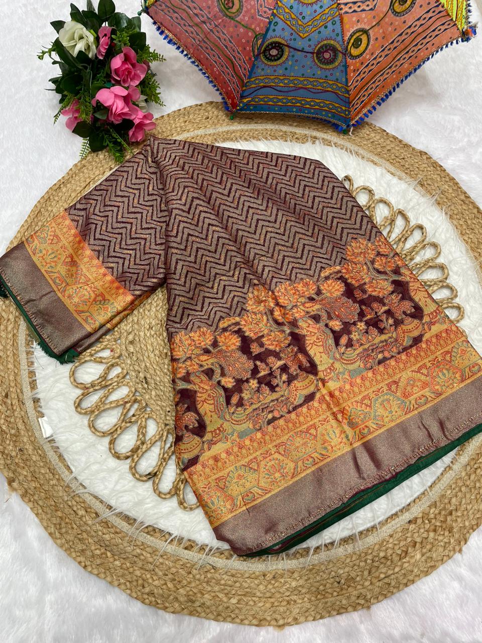 PRINT-3156 BRASSO SAREE AND WHITE  WITH BEAUTIFUL FLOWER PURE BRASSO TASTE WITH FOIL PRINT WITH DMC SIROSKI ON BORER WITH CONTRAST PIPING LATKAN AND SUPER TRENDING FIRMA BLOUSE