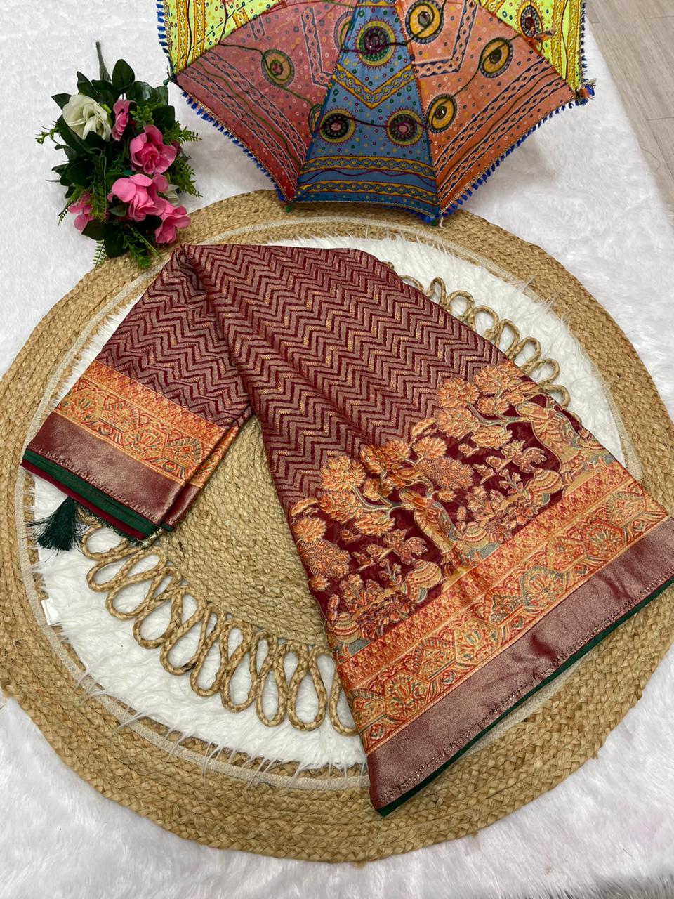 PRINT-3156 BRASSO SAREE AND WHITE  WITH BEAUTIFUL FLOWER PURE BRASSO TASTE WITH FOIL PRINT WITH DMC SIROSKI ON BORER WITH CONTRAST PIPING LATKAN AND SUPER TRENDING FIRMA BLOUSE