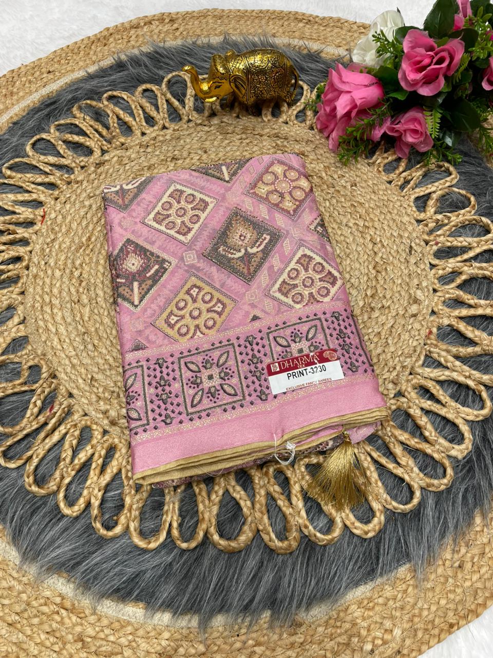 PRINT-3230 BRASSO SAREE WITH BEAUTIFUL PRINT WITH DMC SIROSKI WORK WITH CONTRAST PIPING WORK WITH BEAUTIFUL PESTAL COLOUR MATCHING WITH HEAVY FOLL BLOUSE