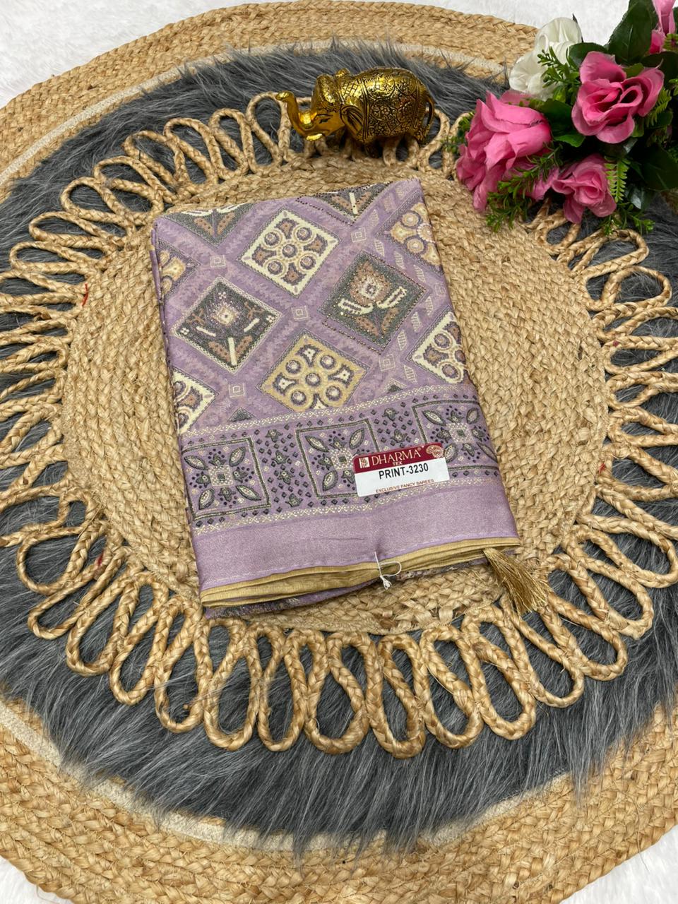 PRINT-3230 BRASSO SAREE WITH BEAUTIFUL PRINT WITH DMC SIROSKI WORK WITH CONTRAST PIPING WORK WITH BEAUTIFUL PESTAL COLOUR MATCHING WITH HEAVY FOLL BLOUSE