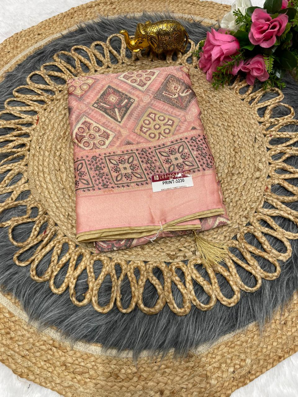PRINT-3230 BRASSO SAREE WITH BEAUTIFUL PRINT WITH DMC SIROSKI WORK WITH CONTRAST PIPING WORK WITH BEAUTIFUL PESTAL COLOUR MATCHING WITH HEAVY FOLL BLOUSE