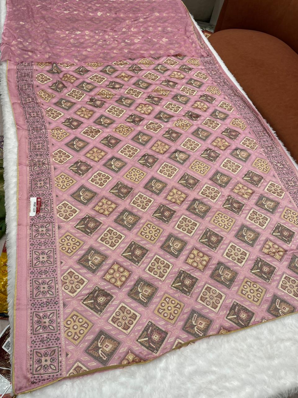 PRINT-3230 BRASSO SAREE WITH BEAUTIFUL PRINT WITH DMC SIROSKI WORK WITH CONTRAST PIPING WORK WITH BEAUTIFUL PESTAL COLOUR MATCHING WITH HEAVY FOLL BLOUSE