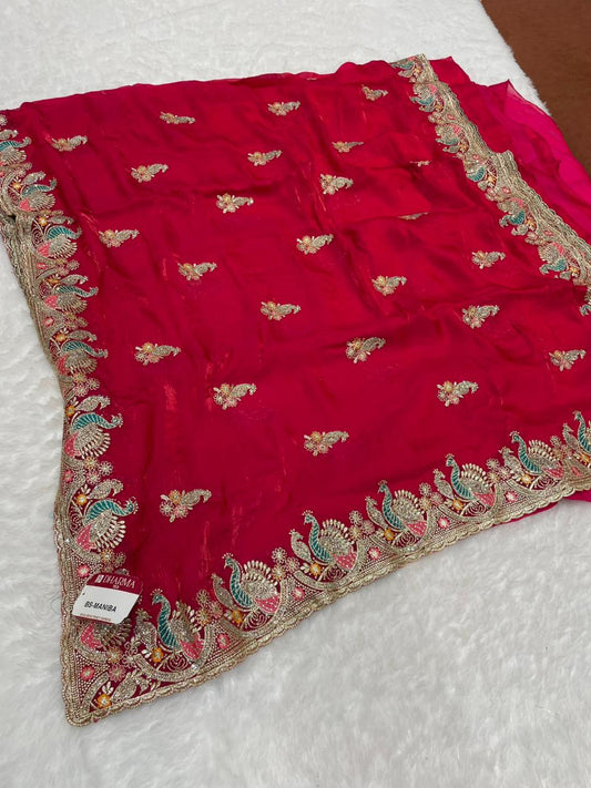 BS-MANIBA FENDI SATIN FABRIC SAREE WITH EMBROIDERY WORK WITH THREAD WORK AND JARKAN WORK WITH PEACOCK DESIGN WITH WORK BLOUSE