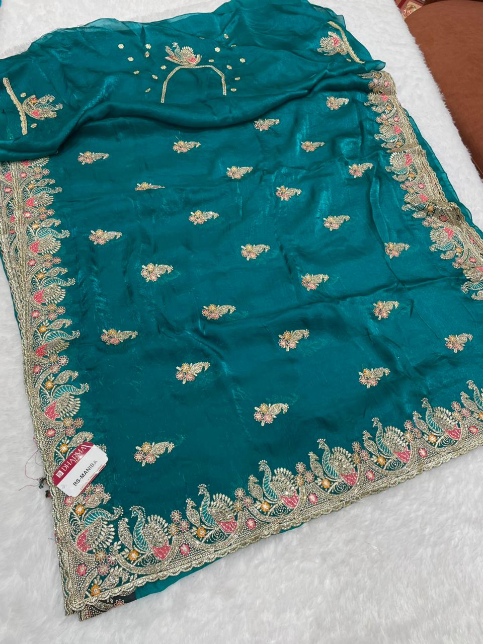 BS-MANIBA FENDI SATIN FABRIC SAREE WITH EMBROIDERY WORK WITH THREAD WORK AND JARKAN WORK WITH PEACOCK DESIGN WITH WORK BLOUSE