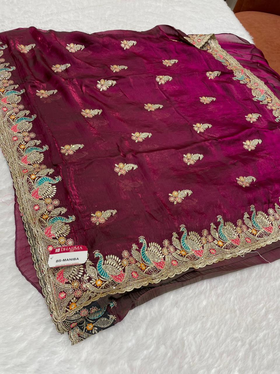 BS-MANIBA FENDI SATIN FABRIC SAREE WITH EMBROIDERY WORK WITH THREAD WORK AND JARKAN WORK WITH PEACOCK DESIGN WITH WORK BLOUSE