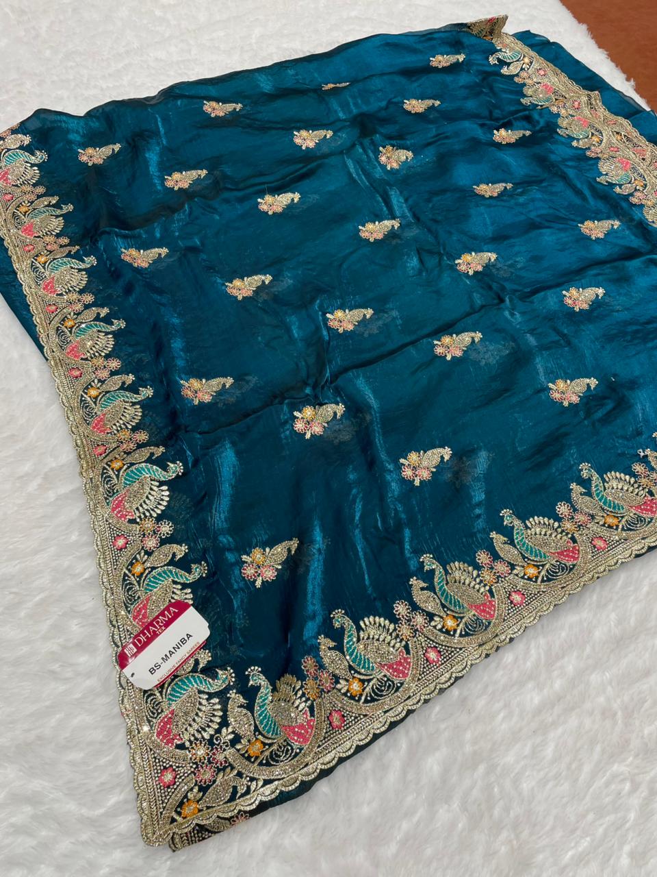 BS-MANIBA FENDI SATIN FABRIC SAREE WITH EMBROIDERY WORK WITH THREAD WORK AND JARKAN WORK WITH PEACOCK DESIGN WITH WORK BLOUSE