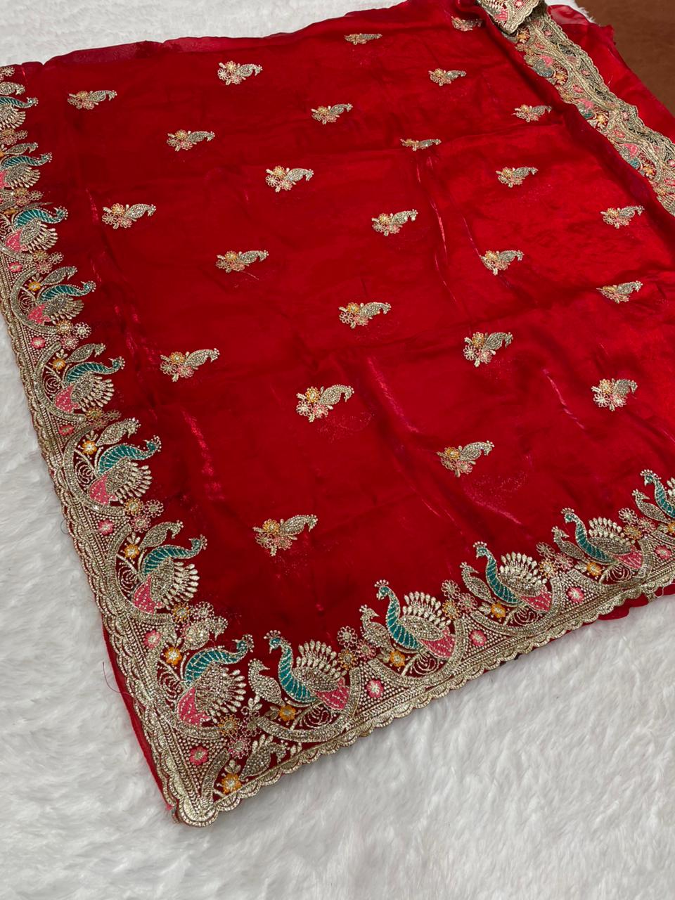 BS-MANIBA FENDI SATIN FABRIC SAREE WITH EMBROIDERY WORK WITH THREAD WORK AND JARKAN WORK WITH PEACOCK DESIGN WITH WORK BLOUSE