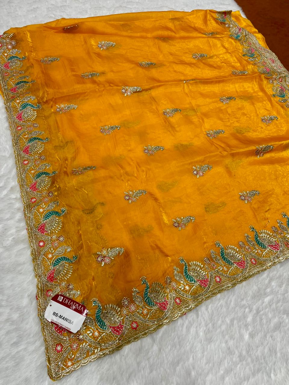 BS-MANIBA FENDI SATIN FABRIC SAREE WITH EMBROIDERY WORK WITH THREAD WORK AND JARKAN WORK WITH PEACOCK DESIGN WITH WORK BLOUSE