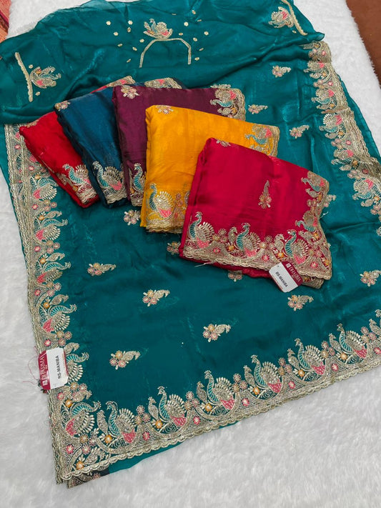 BS-MANIBA FENDI SATIN FABRIC SAREE WITH EMBROIDERY WORK WITH THREAD WORK AND JARKAN WORK WITH PEACOCK DESIGN WITH WORK BLOUSE