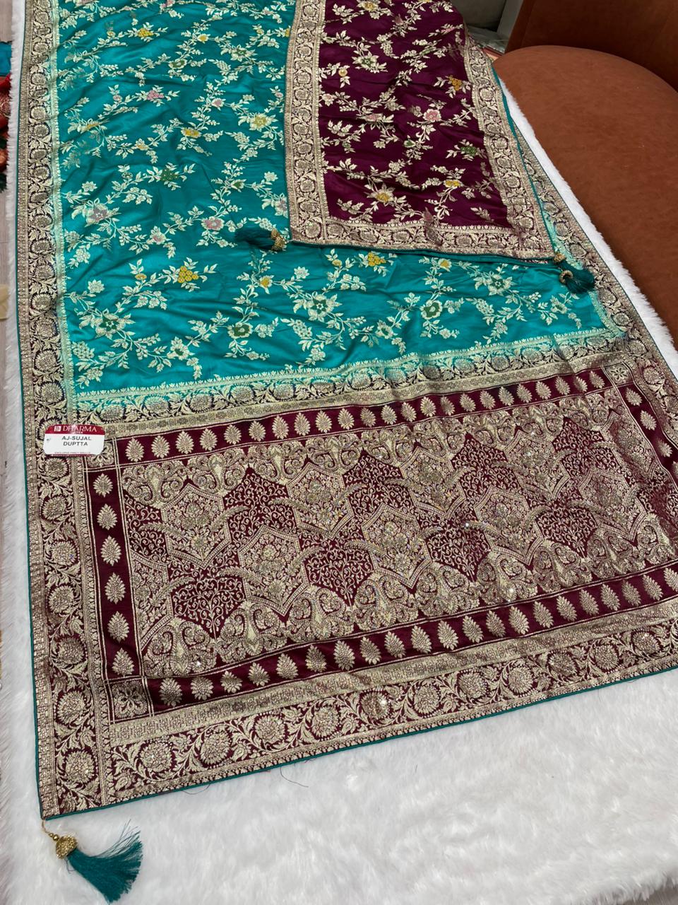 AJ-SUJAL DUPTTA SATIN SILK SAREE WITH RICH PALLU DESIGN WITH HEAVY JARKAN WORK WITH BEAUTIFUL JHAL DESIGN ON BODY WITH MEENAKARI WORK WITH CHAAP DYING WITH BEAUTIFUL DUPATTA WITH HEAVY TASSELS