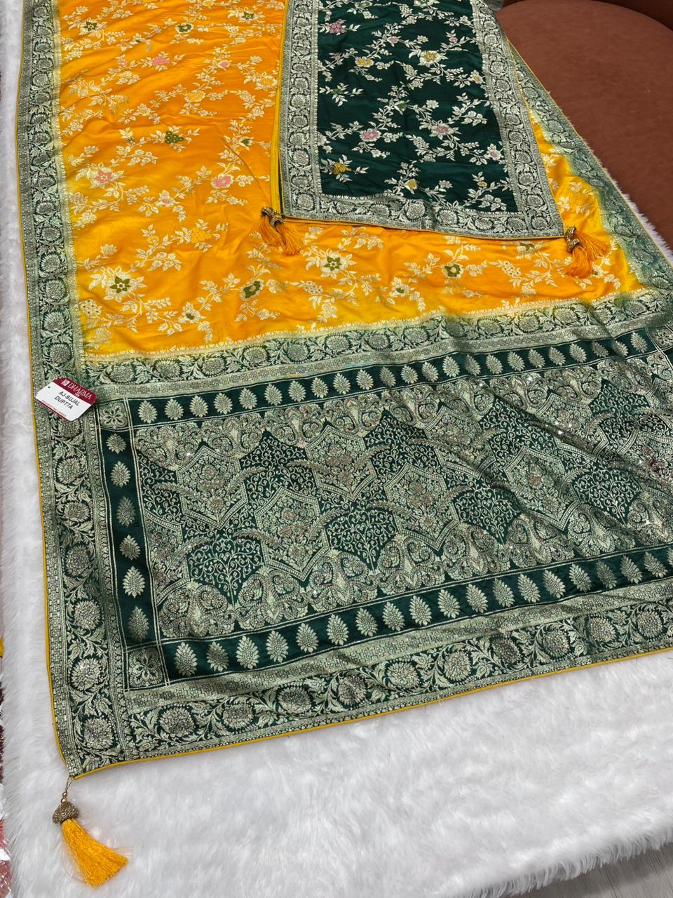 AJ-SUJAL DUPTTA SATIN SILK SAREE WITH RICH PALLU DESIGN WITH HEAVY JARKAN WORK WITH BEAUTIFUL JHAL DESIGN ON BODY WITH MEENAKARI WORK WITH CHAAP DYING WITH BEAUTIFUL DUPATTA WITH HEAVY TASSELS